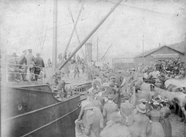 Crowd of people and horses waiting at a wharf beside a docked ship, Seattle, 1889