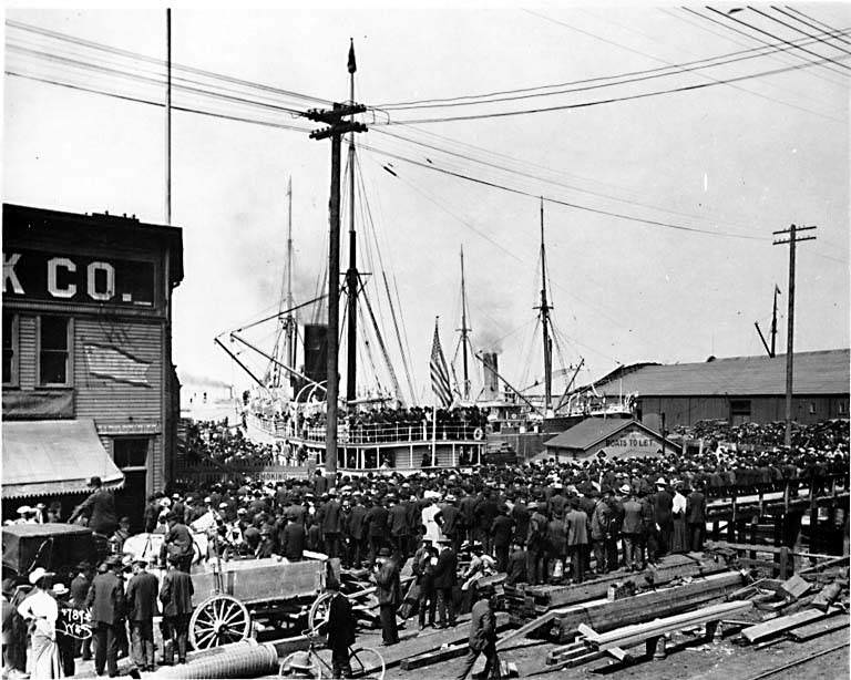 Crowds at the waterfront near the foot of University Street, Seattle, 1898
