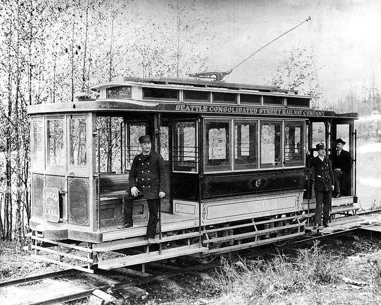 Electric streetcar of the Seattle Consolidated Street Railway, 1894