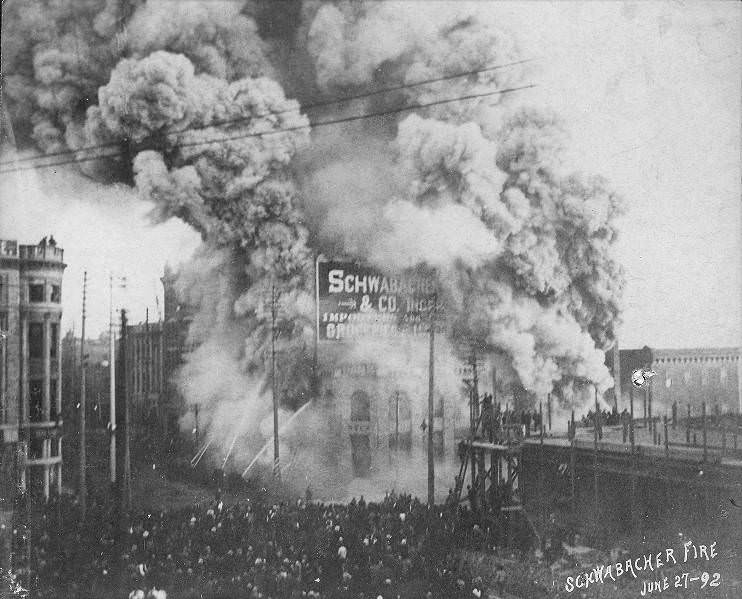 Fire fighters battling the fire at the Schwabacher Brothers' building, Seattle, June 27, 1892.
