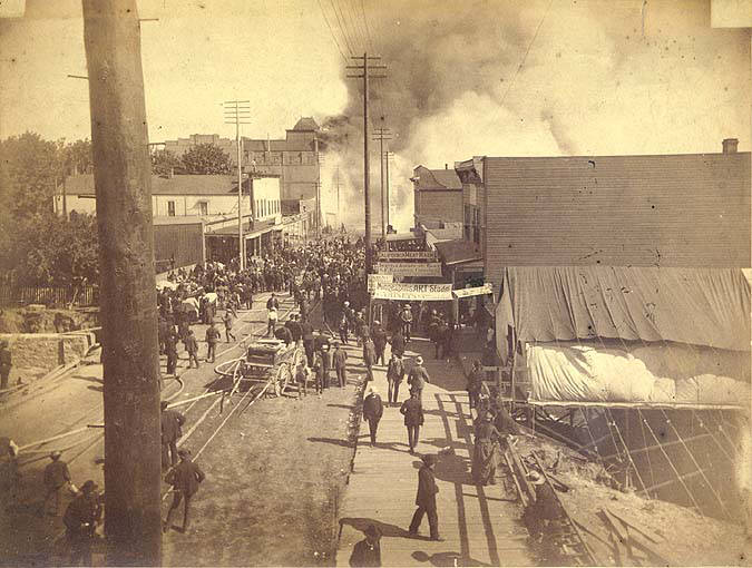 Fire of June 6, 1889, looking south on 1st Ave. from Spring St., about one-half hour after the fire started, Seattle, Washington.