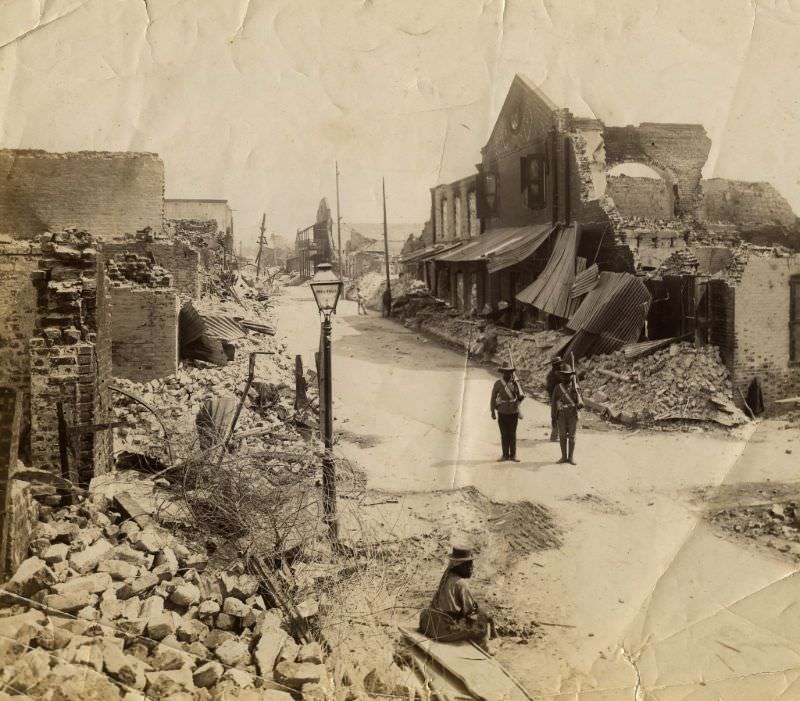 Two of the West Indian Regiment on guard after the Earthquake, Kingston, Jamaica, 1907