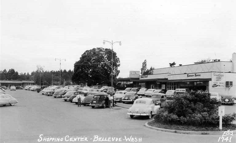 Bellevue Shopping Square and parking lot showing Kandy Kane Restaurant and Bell-Vue Theatre, Bellevue, 1947