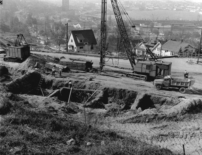Early construction for Interstate 5 in Seattle, 1960