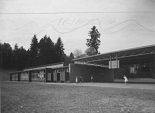 Enatai Elementary School exterior, Bellevue, Washington, 1953