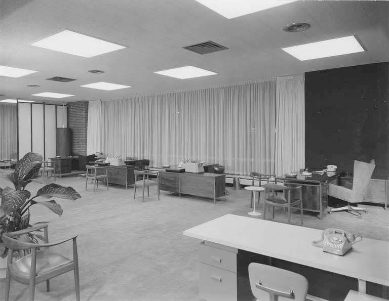 Lincoln First Federal Savings & Loan interior showing office spaces, Washington, 1958