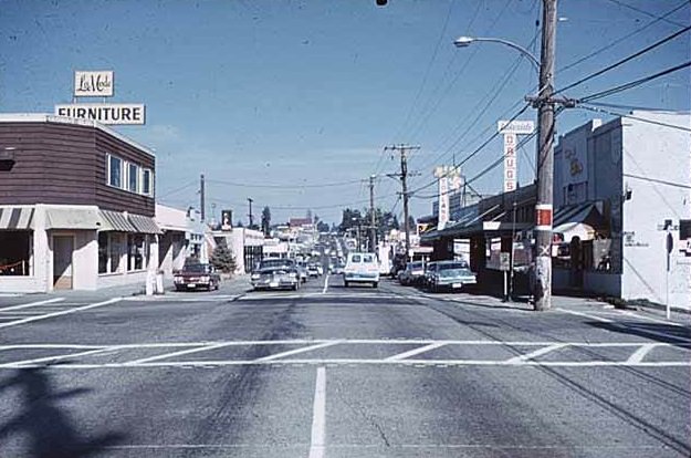 Main Street and 102nd Avenue NE looking east, Bellevue, 1969