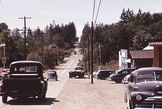 NE 8th Street and 116th Avenue NE looking east, Bellevue, 1955