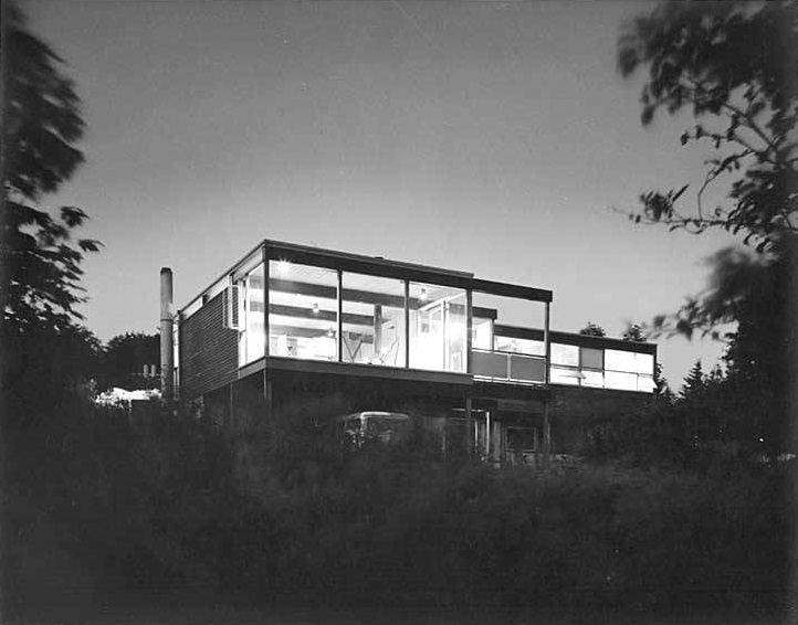 Prechek House exterior at night, Hilltop neighborhood, Bellevue, 1950s