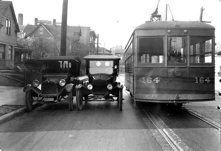 Seattle Municipal Railway trolley looking north on Bellevue Ave. just south of Denny Way, 1921