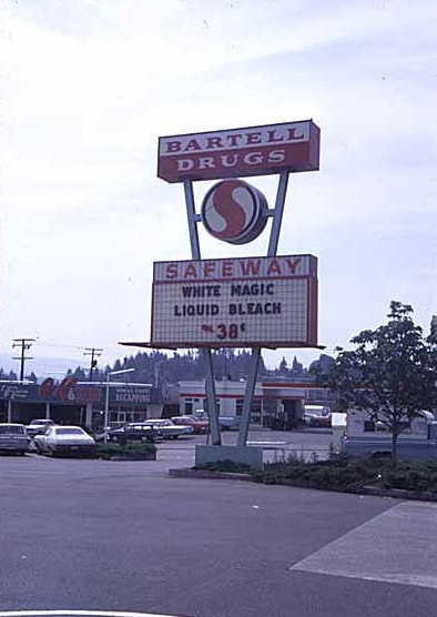 Sign for Bartell Drugs and Safeway, Bellevue, 1969