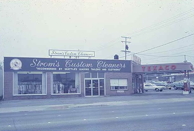 Strom's Custom Cleaners and Texaco station, Bellevue, 1969