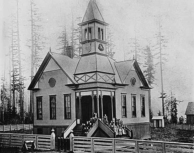 Students on steps of Bellevue School, Bellevue, 1900