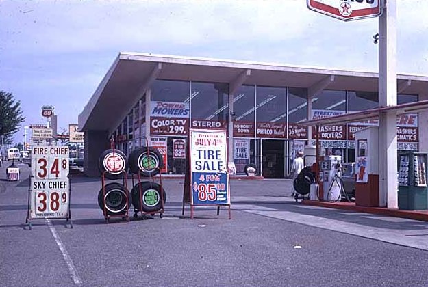 Texaco station and Firestone Tires, Bellevue, 1969