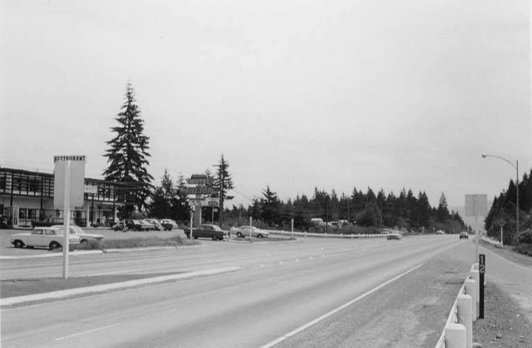 U.S. 10 highway, two-way left turn lane near SE 36th St., showing pavement markings and sign installation, 1960s
