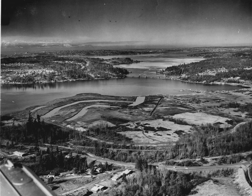 Newport, Mercer Island, the Town of Beaux Arts Village and Seattle in the distance -- Viewed from above Somerset Hill, 1959.