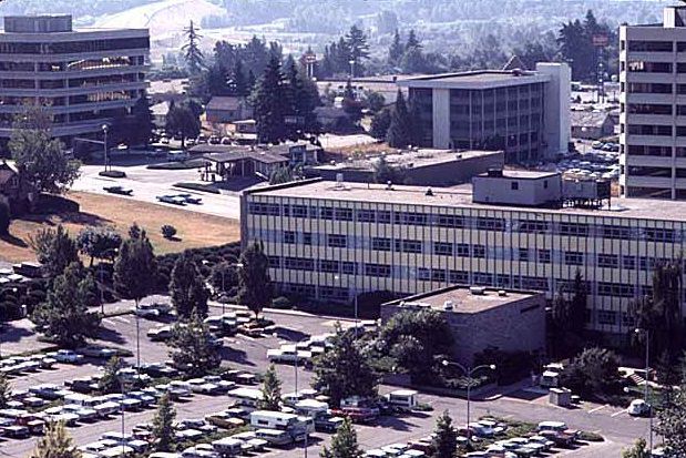 Aerial of Puget Power building and parking lot, Bellevue, 1969
