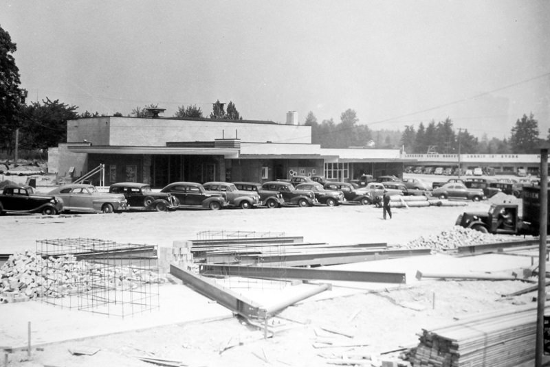 Bel-Vue Theater and what was then called the Bellevue Shopping Center being built, 1946