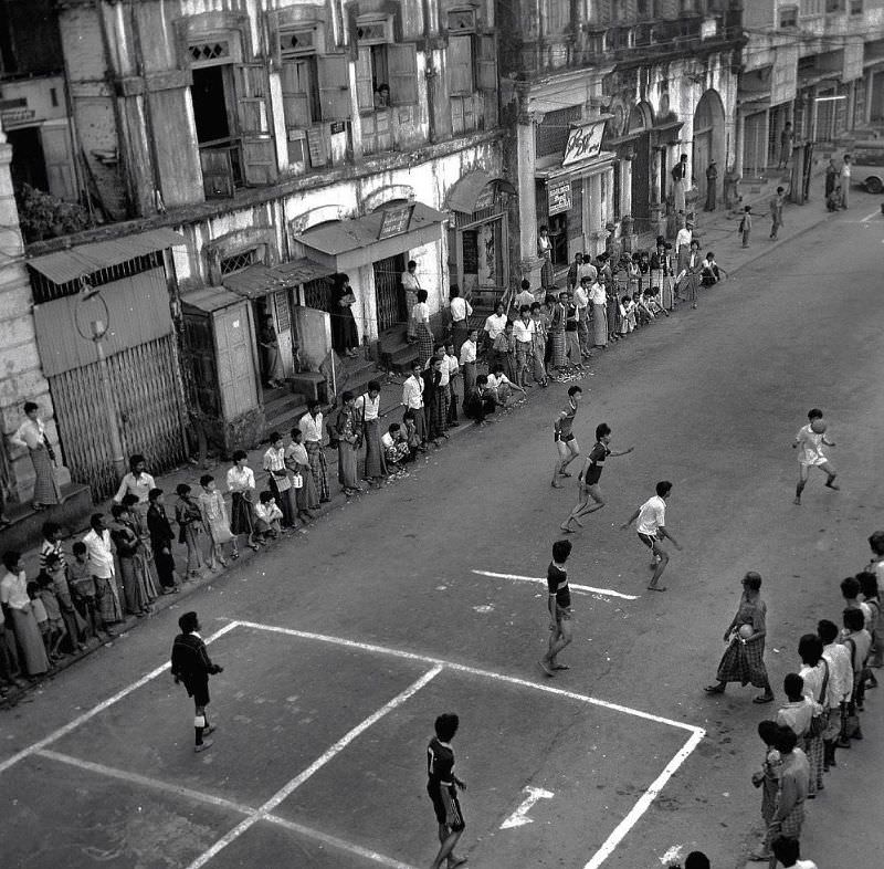 Rangoon. Burmese football street tournament, Burma, 1986