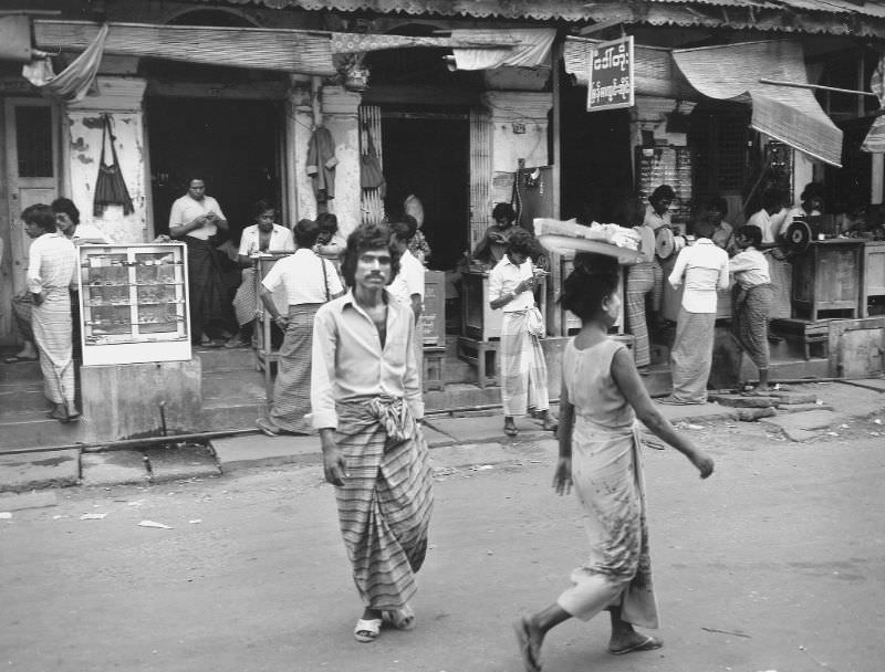 Rangoon. Street scene in Rangoon's business district, Burma, 1986
