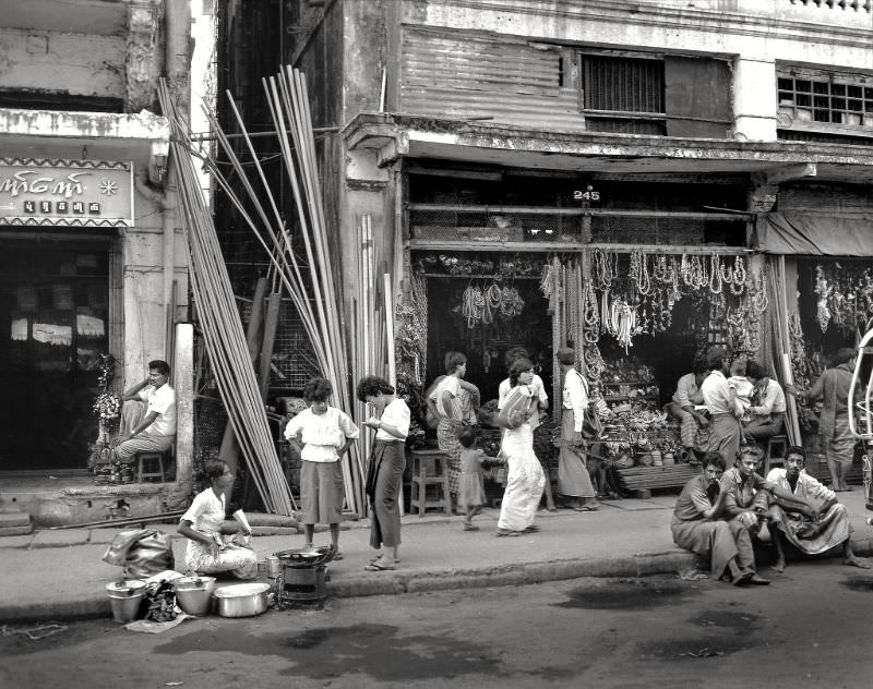 Rangoon. Street scene in Rangoon's business district, Burma, 1986