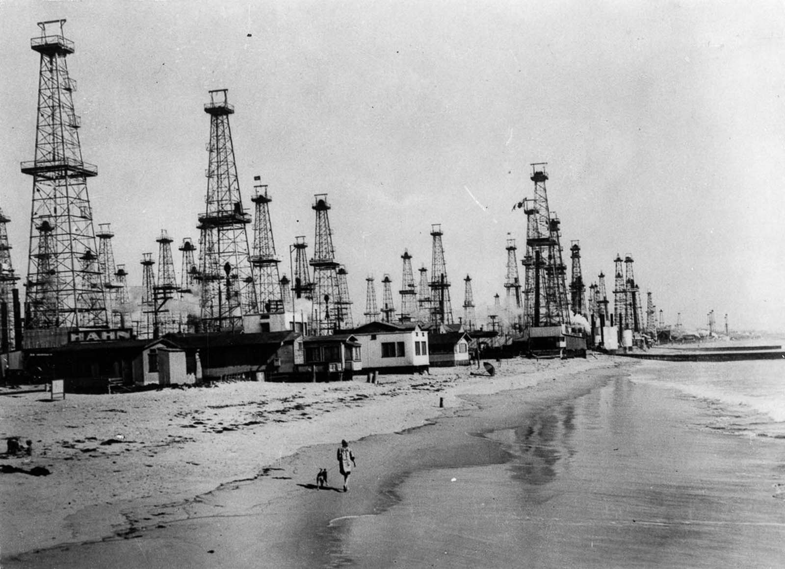Oil derricks line the coast of Venice, California, 1920