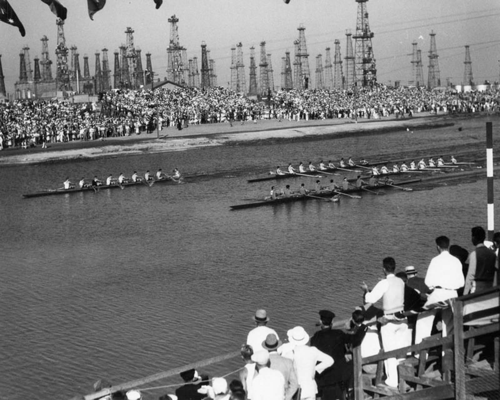 Four boats race in the Long Beach Marine Stadium during the 1932 Olympic Games, 1932