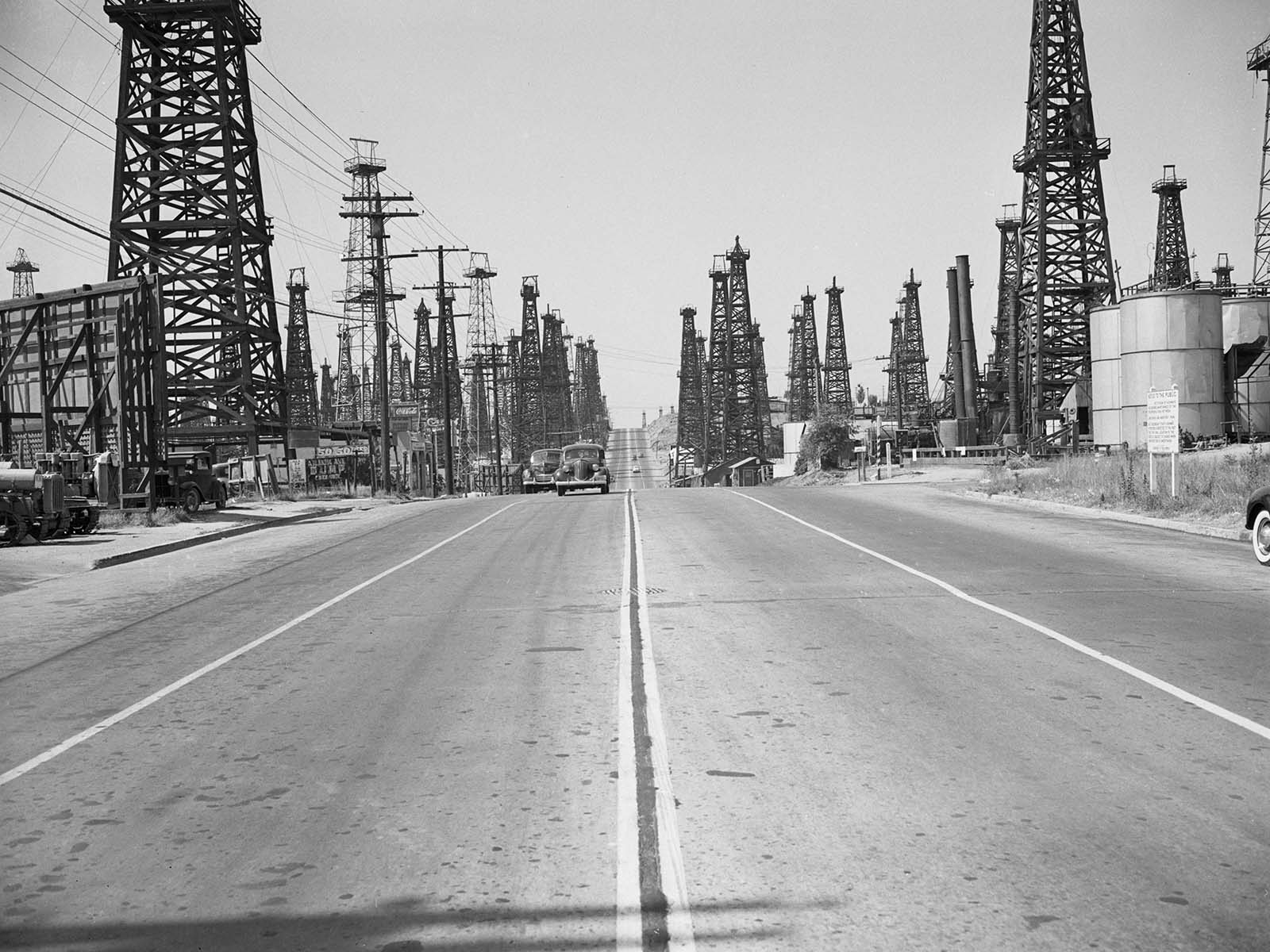 Atlantic Avenue and Patterson Street, Long Beach, are lined with oil derricks in 1940