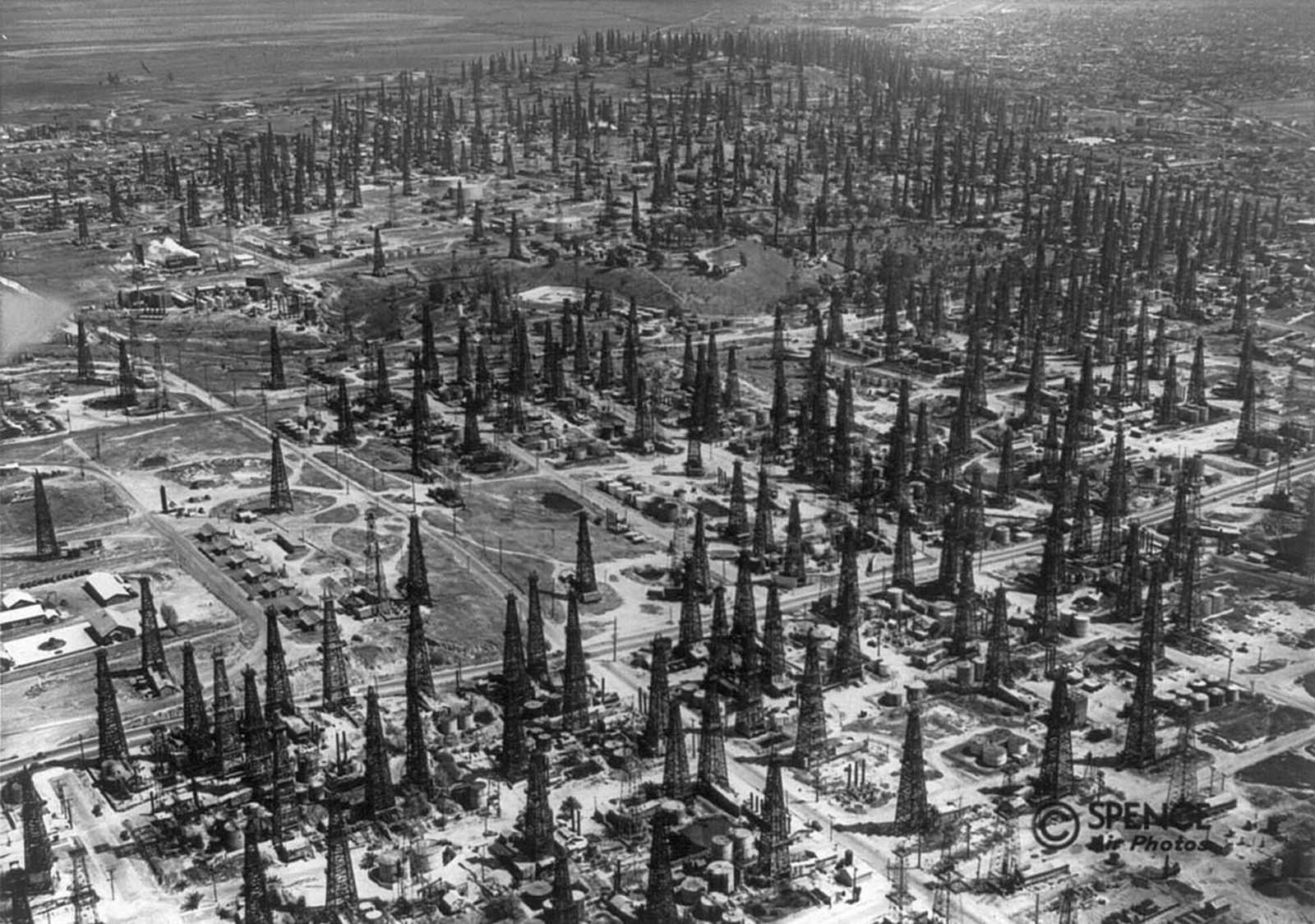 A forest of oil derricks sprouts up on the Signal Hill oil field, Long Beach, California, in 1937