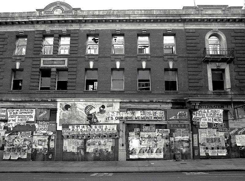International Hotel, also known as the I-Hotel, Corner of Kearny and Jackson, Chinatown, San Francisco, 1978
