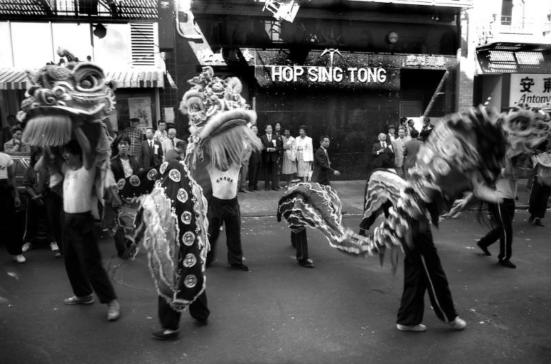 Lion dancers on Waverly Street, Chinatown, San Francisco, 1982