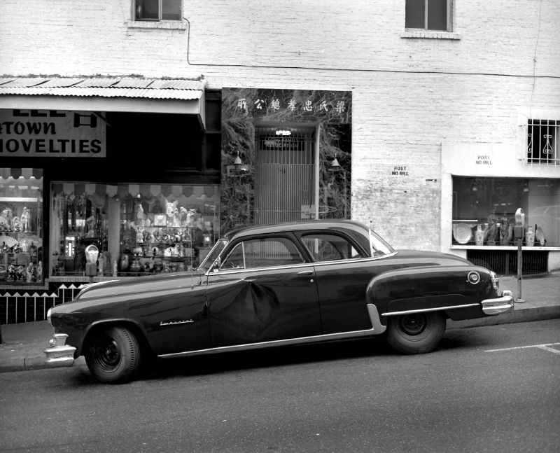 1952 Chrysler Imperial with door dent, Clay Street, Chinatown, San Francisco, 1987
