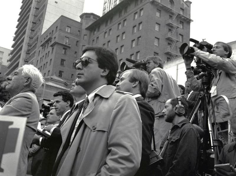 Media and press corps covering Michael Dukakis presidential election bid during a visit to the Bay Area, Sacramento Street, Nob Hill / Chinatown, San Francisco, 1988