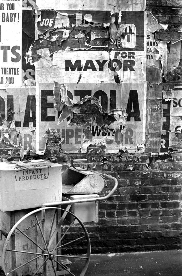 Street sweeper's cart, Kearny and Jackson, Chinatown, San Francisco, 1969