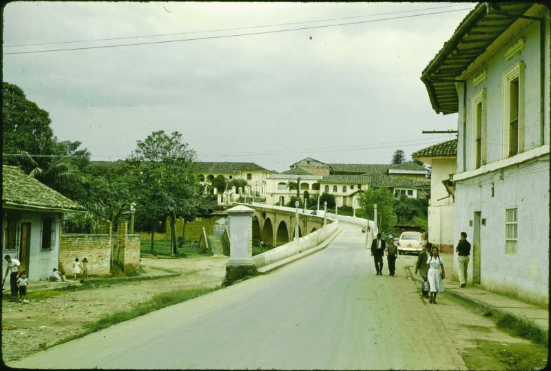 Old, narrow bridge leading into Popayan, much colonial architecture, Colombia