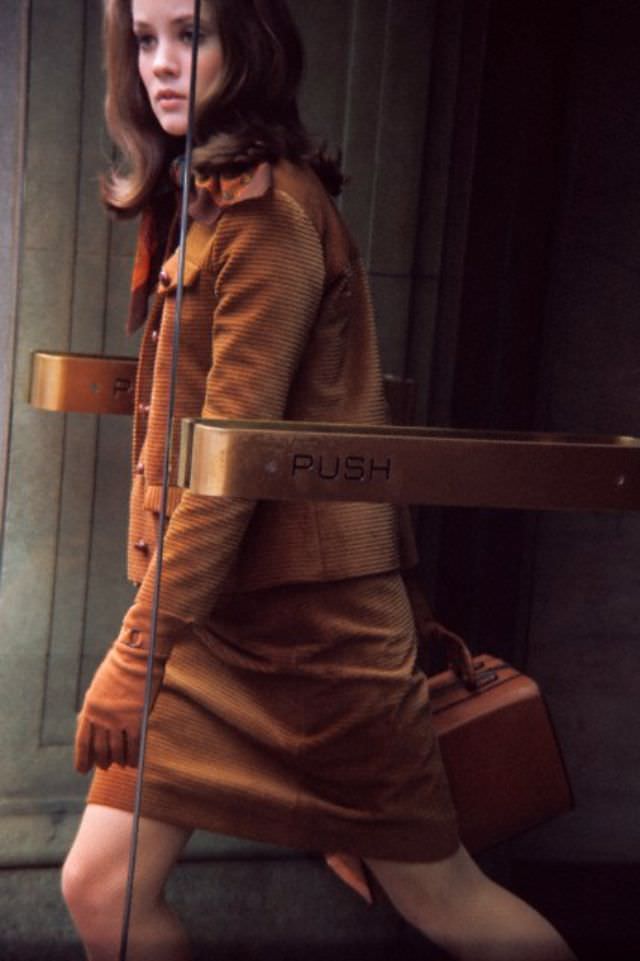 Model is wearing a brown corduroy suit and turtleneck sweater and handbag by I. Miller, 1966