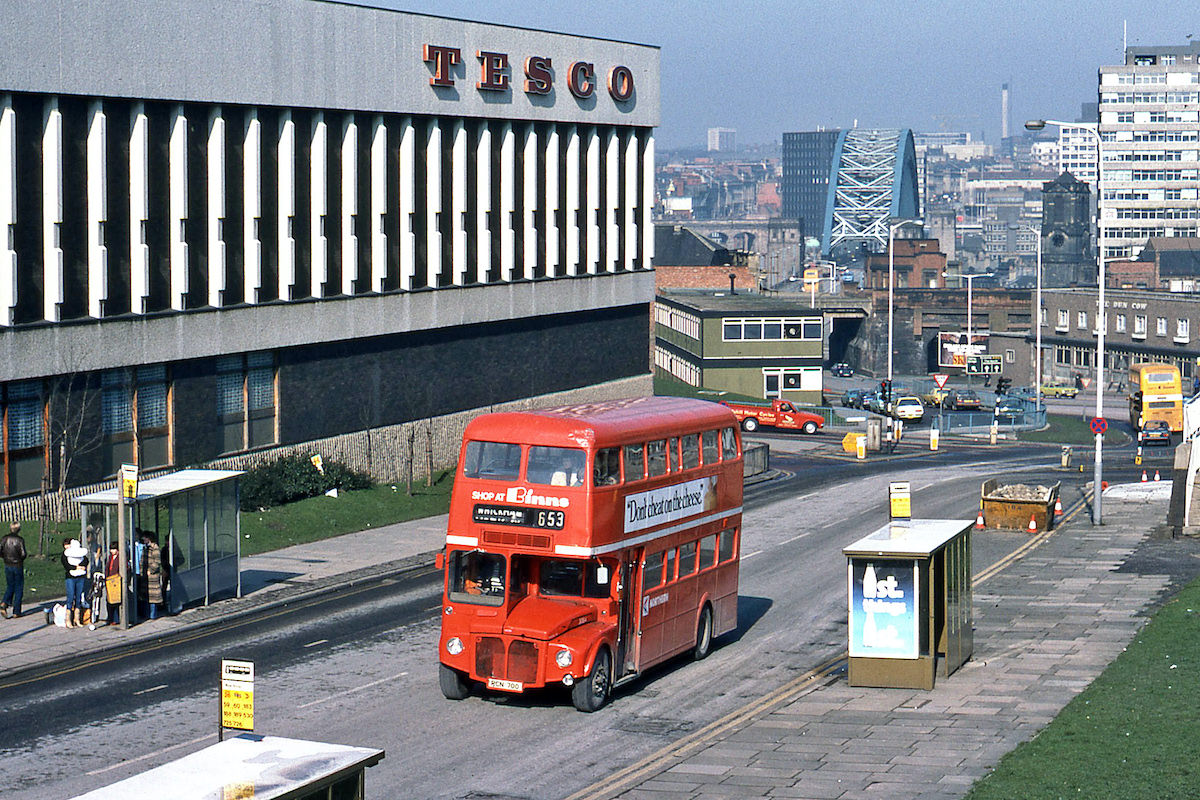 One of Northern’s small fleet of Routemaster buses, RCN700, passing the old Tesco site at the bottom of Gateshead High Street in April 1980.