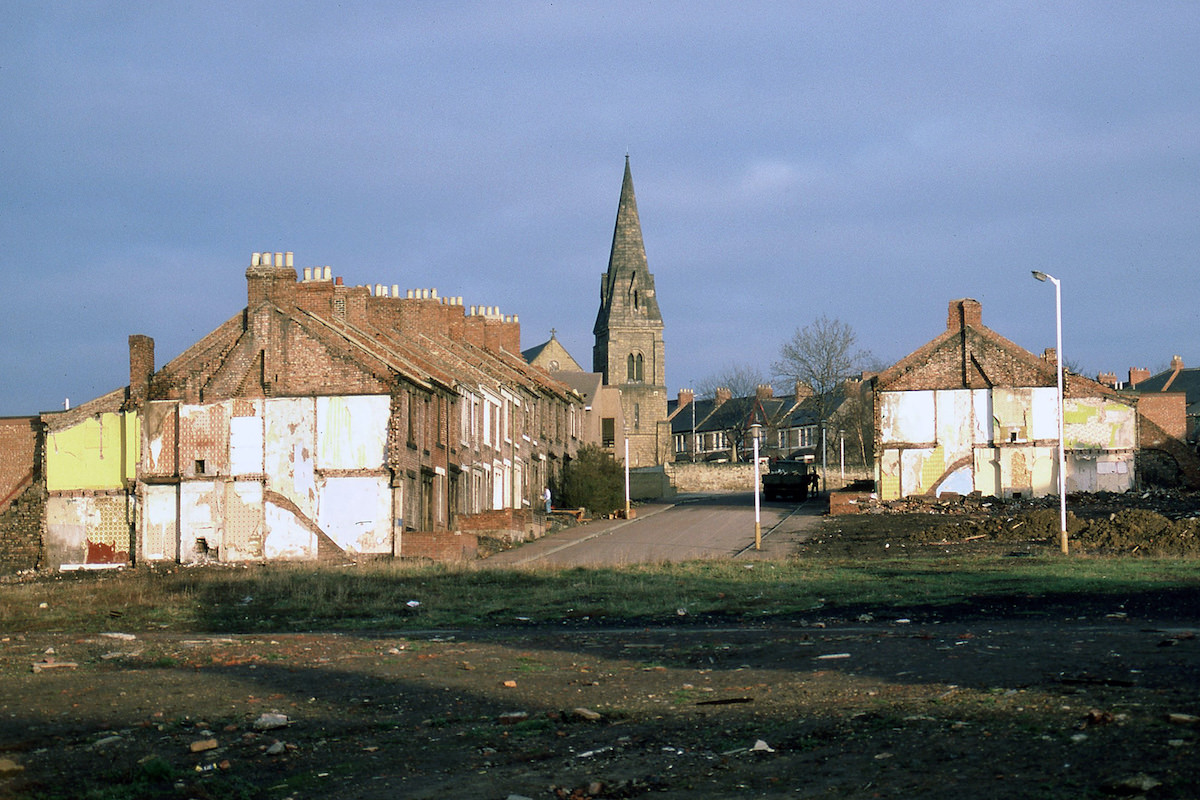 Looking up the remains of Second Street towards St. Cuthbert’s Church, Bensham, in 1987.