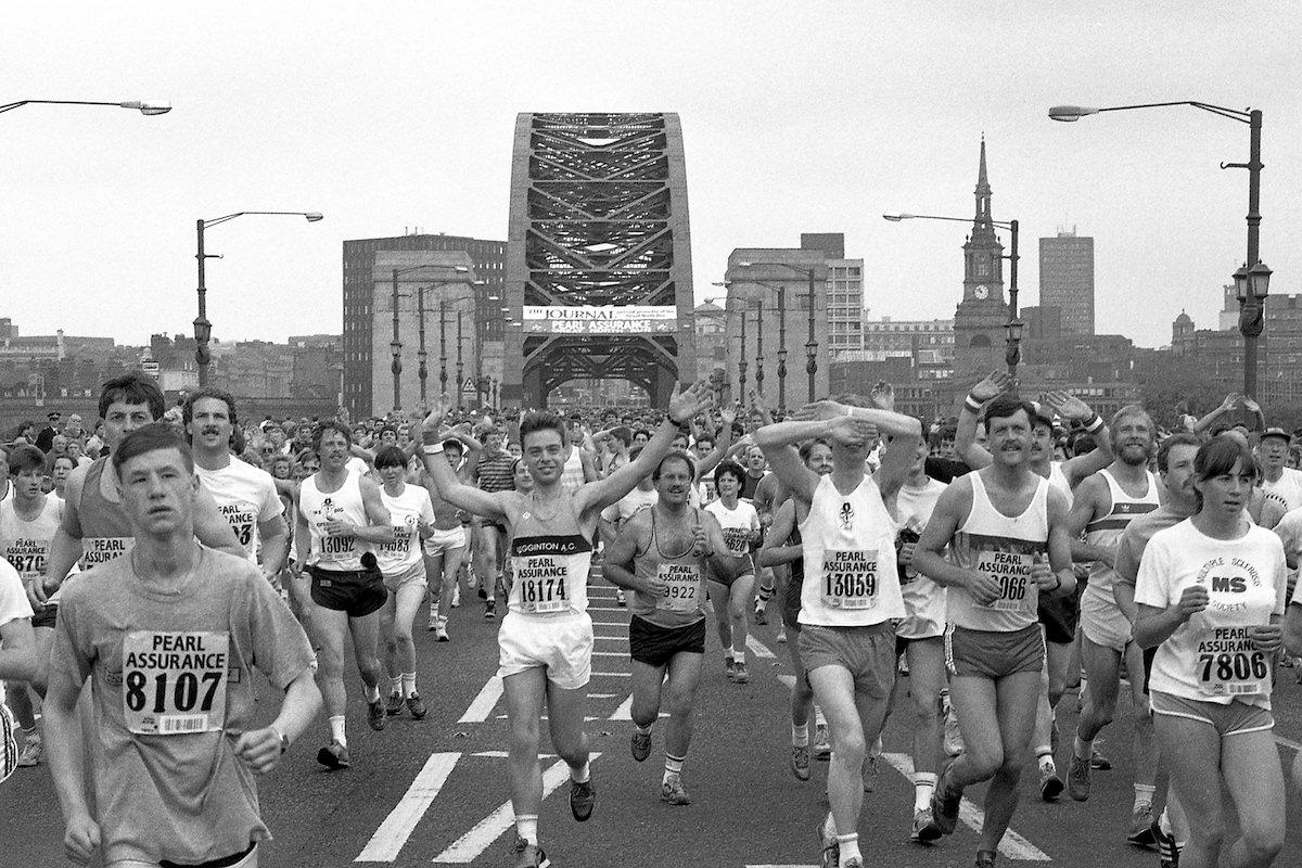 The Great North Run passes through Gateshead each year – this was the 1987 race, crossing over from the Tyne Bridge