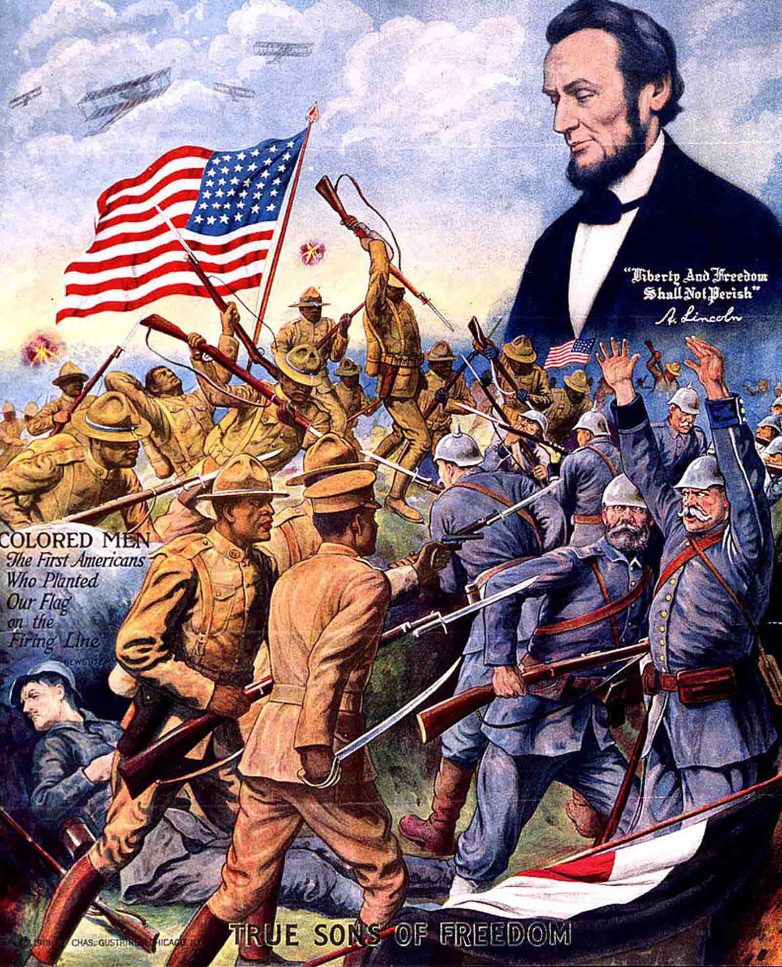 Wartime poster of the 369th fighting German soldiers, with the figure of Abraham Lincoln above.