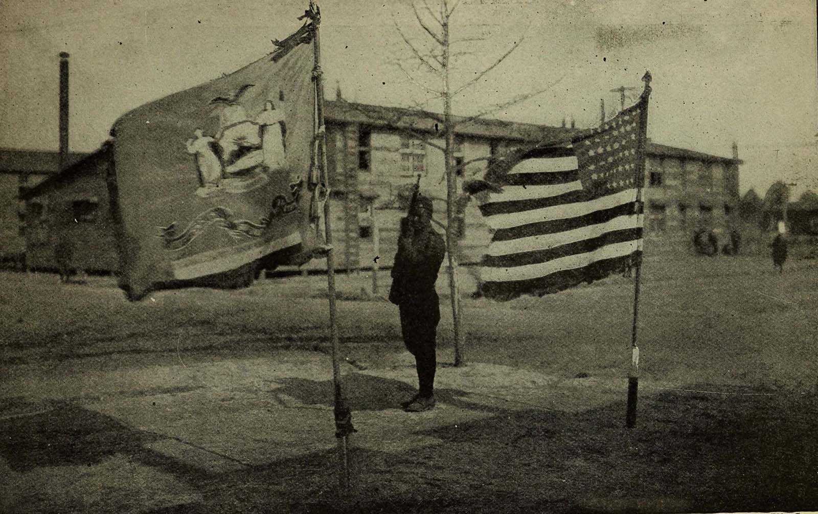 Flag of the old 15th N.Y.N.G.Regiment (at left) after being decorated by the French and US National Flag.