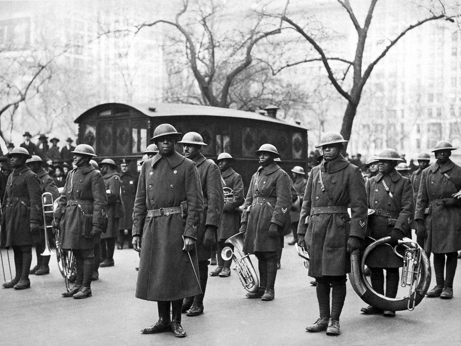 Lt. Reese leads the 369th band in a parade upon their return to New York City.