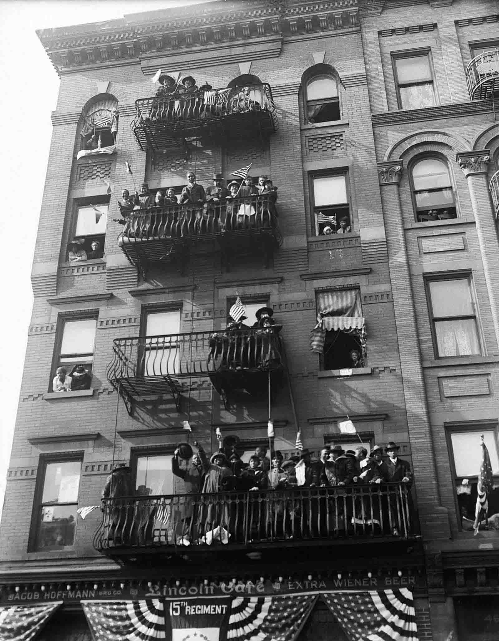 Spectators cheer on the 369th, formerly known as the 15th Regiment, upon their return to New York.