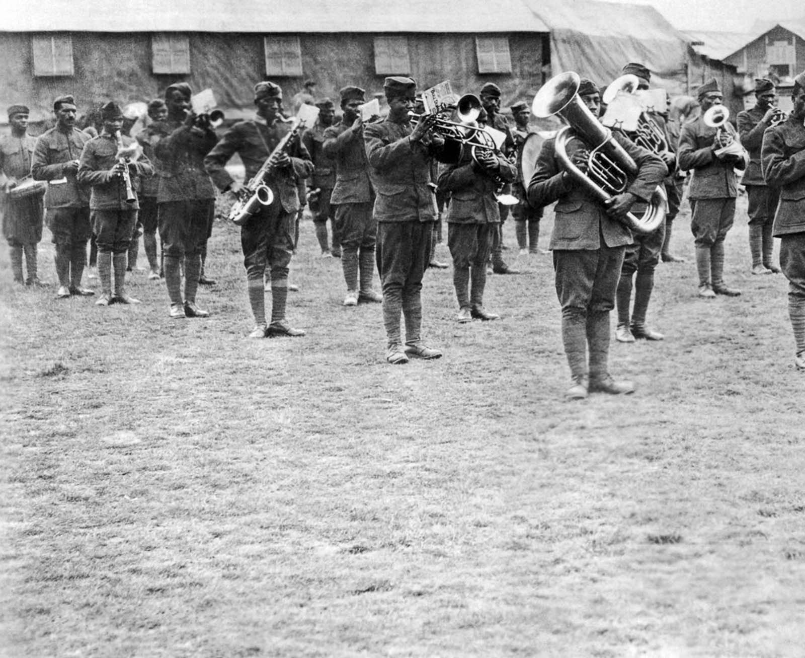 Members of the 369th Infantry band perform under the direction of Lt. James Reese Europe in France.
