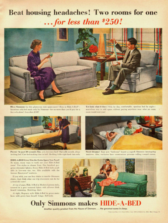 No Spare Bedroom Needed: Vintage Ads of Hide-a-Bed Sofa Ads by Simmons from the 1950s