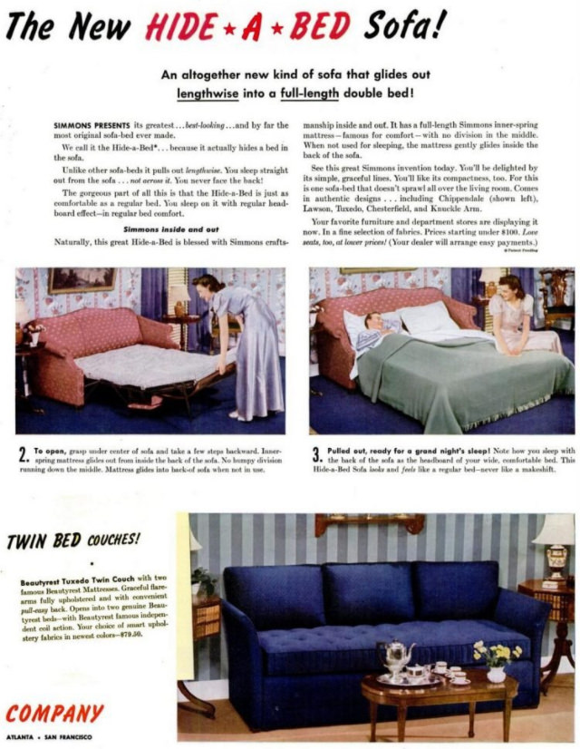 No Spare Bedroom Needed: Vintage Ads of Hide-a-Bed Sofa Ads by Simmons from the 1950s