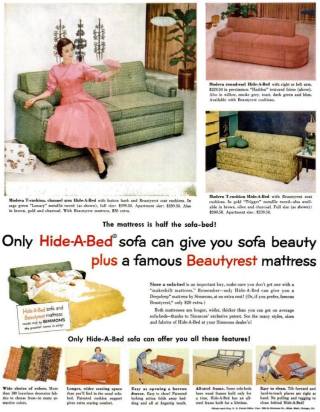 No Spare Bedroom Needed: Vintage Ads of Hide-a-Bed Sofa Ads by Simmons from the 1950s