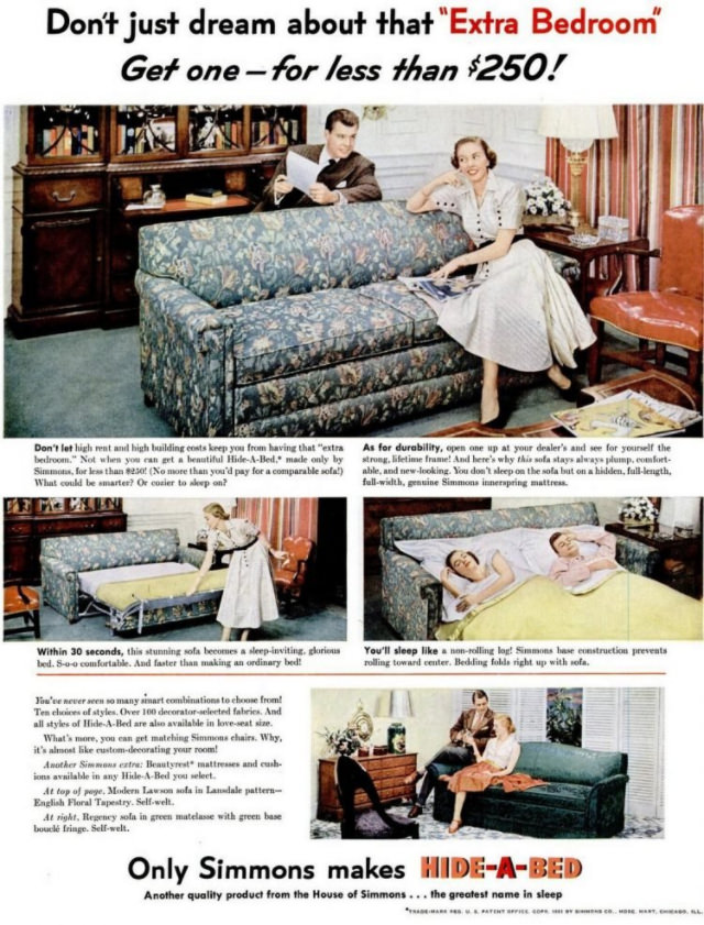 No Spare Bedroom Needed: Vintage Ads of Hide-a-Bed Sofa Ads by Simmons from the 1950s