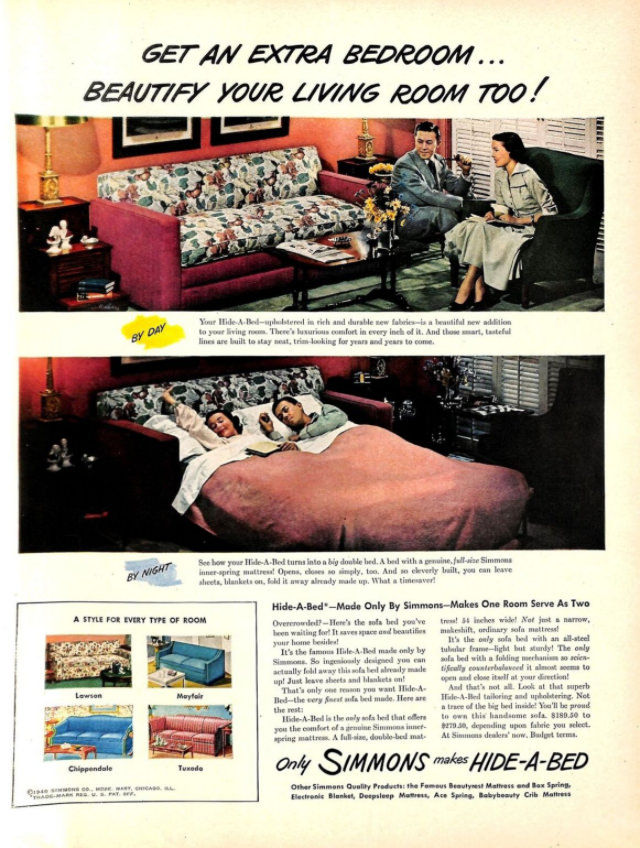 No Spare Bedroom Needed: Vintage Ads of Hide-a-Bed Sofa Ads by Simmons from the 1950s