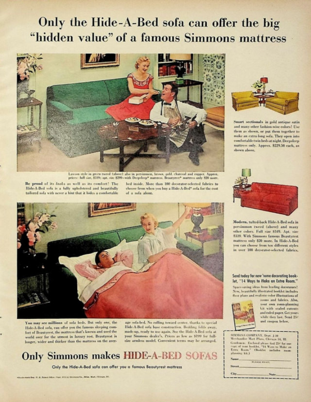 No Spare Bedroom Needed: Vintage Ads of Hide-a-Bed Sofa Ads by Simmons from the 1950s